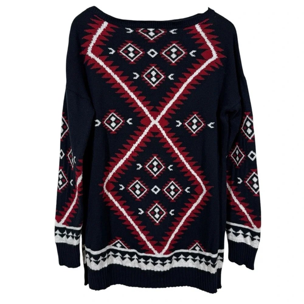 Lauren Ralph Lauren Navy and Red Aztec Print Cotton Long-Line Sweater Size L